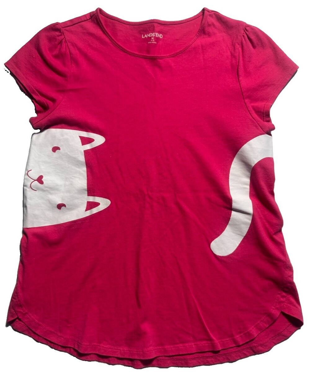 Lands’ End Girls Size M 10-12 Pink Cat Graphic Short Sleeve T-Shirt Cotton